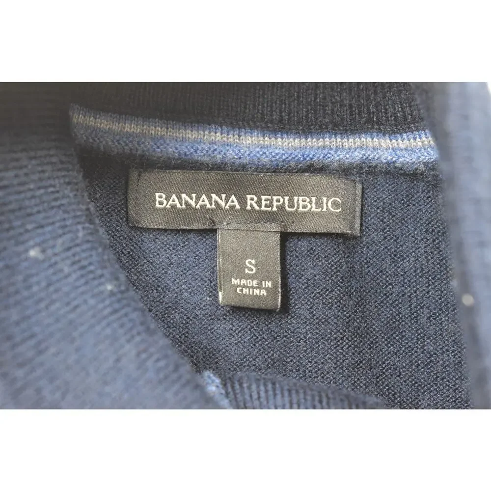 Banana Republic Sweater S Mens Blue Merino Wool Blend Button Mock Neck Elbow Pat